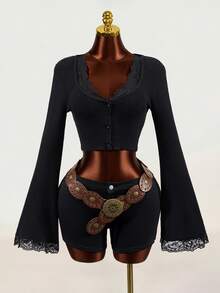 Mistrie Cardigan Wanita Musim Semi/Gugur Hitam dengan Lengan Lonceng dan Potongan Ramping, Model Slim Fit, Kancing Depan - Hitam - View 8