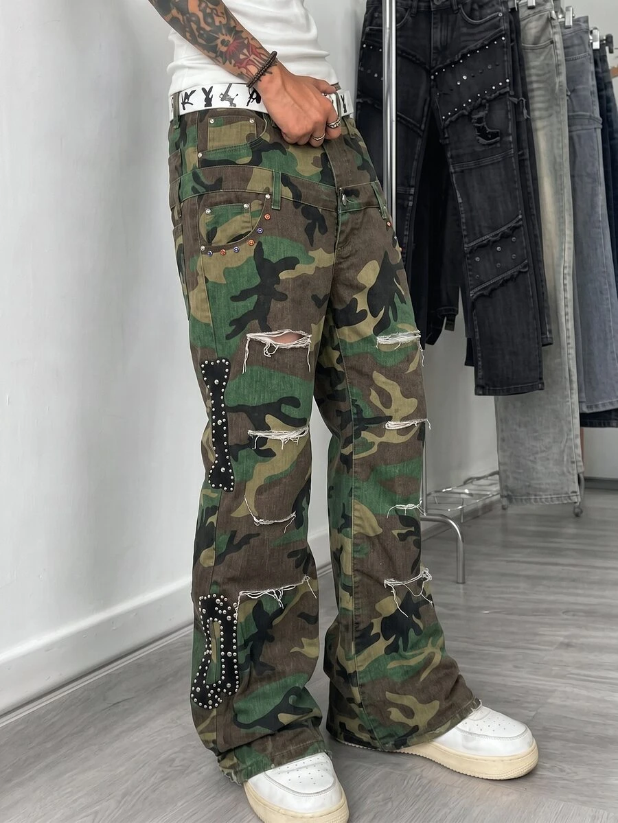 STEELVANCE 男士破舊迷彩休閒牛仔褲 - 軍綠色 - 查看 1