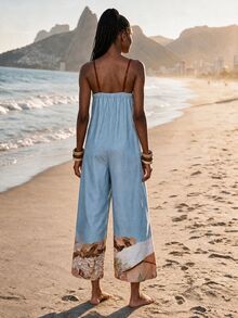 CAJUNI Women's Vintage Scenic Print Wide Leg Halter Neck Jumpsuit For Vacation - Blue - View 2