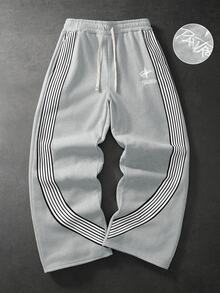 PAVTROS Men's Letter Embroidered Side Stripe Drawstring Waist Casual Sweatpants - Grey - View 1
