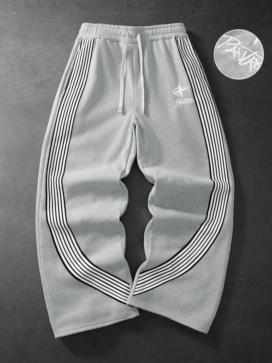 PAVTROS Men's Letter Embroidered Side Stripe Drawstring Waist Casual Sweatpants - Grey - View 1