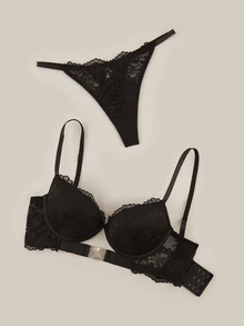 Bralution Set Pakaian Dalam Wanita Urban yang Menawan dan Berkilau, Berwarna Hitam, dengan Cup Cetak Berpenyangga Tinggi dan Hiasan Renda serta Gesper Logam, Motif Mengkilap, dan Dukungan Tinggi. - Hitam - View 6