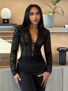 SHEIN SXY ملابس علوية نسائية مثيرة من الدانتيل الشفاف - الأسود - مشاهدة 4