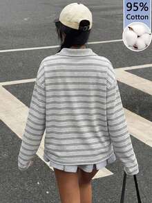 Tseoso 95%棉全印花 Polo 領女款 T-shirt，極簡灰色條紋，低調百搭風格，街頭時尚穿搭，咖啡廳休閒氛圍，高端通勤機場穿搭，大學校園返校穿搭，夜店穿搭，青年休閒風格 - 彩色 - 查看 6