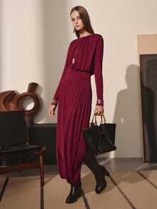 MOTF PREMIUM FASHIONABLE ASYMMETRIC HEMLINE FLARED DESIGN KNITTED TEXTURE AUTUMN/WINTER LONG DRESS - Burgundy - View 4