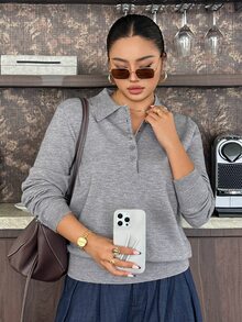 Dazy Plus Lazy Chic Turn-Down Collar Autumn/Winter Elegant Inner Layer Short Polo Neck Sweater - Grey - View 3