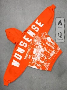 ROMWE MEN Street Life Spring Casual Graphic Men's Letter Graphic Long Sleeve Drawstring Hooded Casual Sweatshirt, Autumn, Winter, Y2K - Orange - View 1
