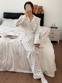 Napfluff Heart Print Lapel Long Sleeve Long Pants Pajama Set - Beige - View 5