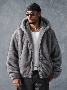 PAVTROS Men's Vintage Loose Fit Hooded Fleece Jacket, Straight Cut, Suitable For Casual Daily Wear - Grey - View 4