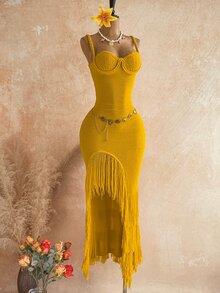 Soleia Women's Plus Size Yellow Spaghetti Strap Tassel Maxi Dress - Yellow - View 5