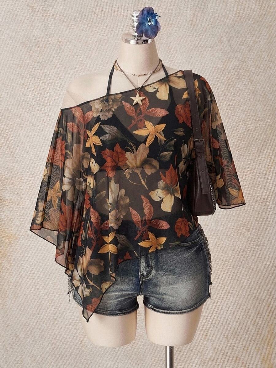 SHEIN ICON 大尺碼女款不對稱領蝙蝠袖寬鬆上衣,落楓葉與花卉圖案 - 彩色 - 查看 1
