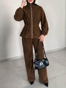 Solavon Women's Solid Color Long Sleeve Zip-Up Jacket And Pants Casual 2 Pieces Set - Brown - View 4
