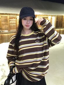 DAZY Women's Round Neck Striped Long Sleeve Spring/Autumn T-Shirt - Grey - View 4
