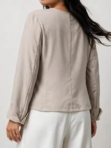Hourglow Plus Size Women's Embroidered Blazer Jacket Collarless Long Sleeve Cropped Elegant Outerwear Flattering For Hourglass Shape - Khaki - View 2