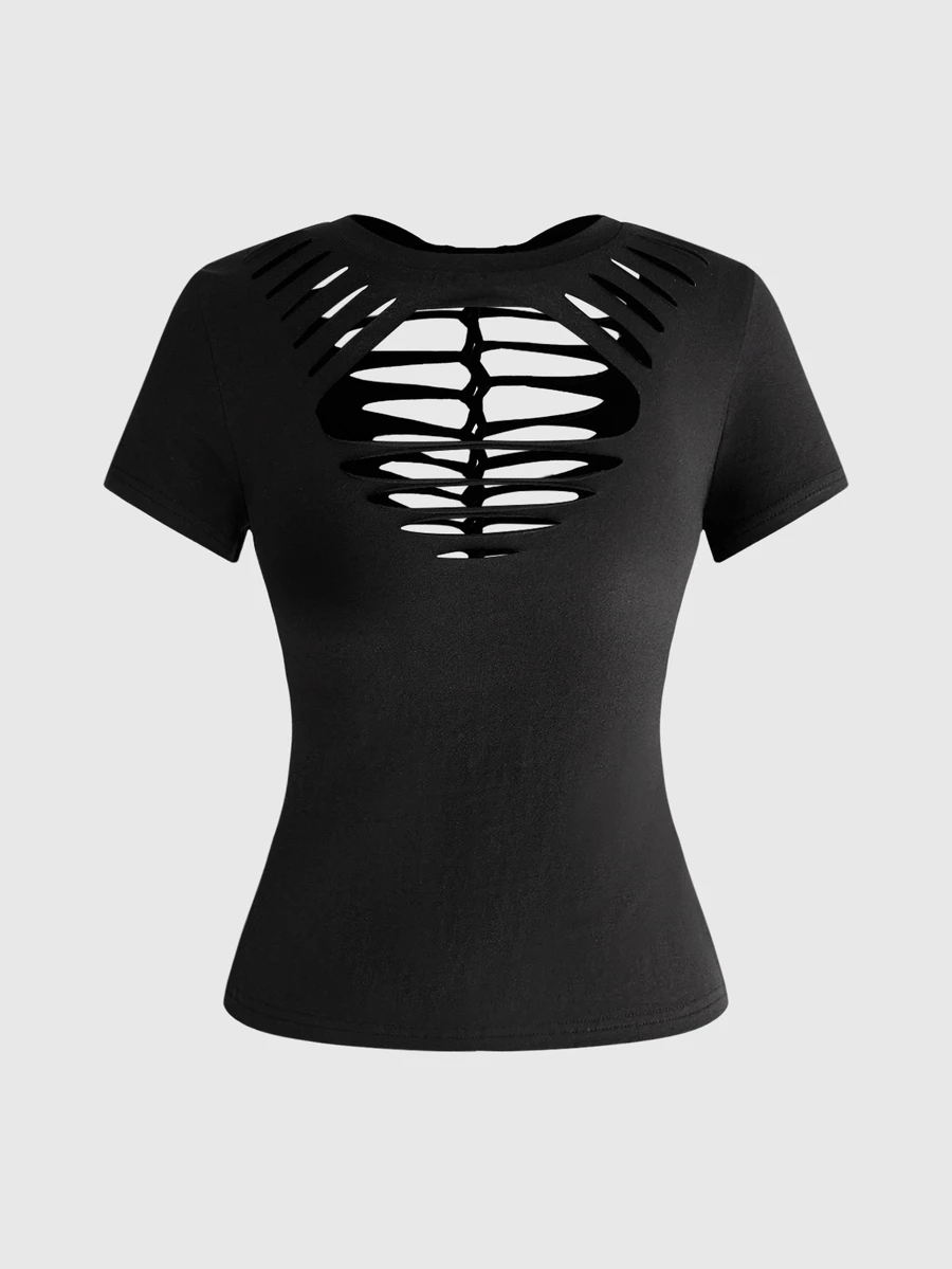 ROMWE Grunge Punk Women's Y2K Punk Sexy Distressed Design Slim Fit Solid Color Versatile T-Shirt - Black - View 1