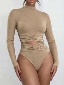 Privoire Women's Solid Color High Neck Twist Knot Bodysuit - Khaki - View 3