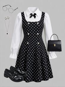 SHEIN Tween Girls Fall Style Fake Two-Piece Polka Dot Dress Puff Long Sleeve Bow Decor Back To School Daily Party Outfit - Black and White - View 3