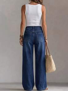 SHEIN بنطلون جينز نسائي بتصميم جيوب وساق واسعة فضفاض كاجوال - أزرق داكن - مشاهدة 2