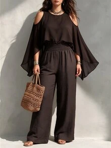 Linhara CURVE Women's Plus Size Autumn Cold Shoulder Chiffon Patchwork Top With Flutter Sleeves And Cable-Knit Elastic Waist Wide Leg Pants, Loose Drapey Mature Style Party & Commute Set - Coffee Brown - View 5