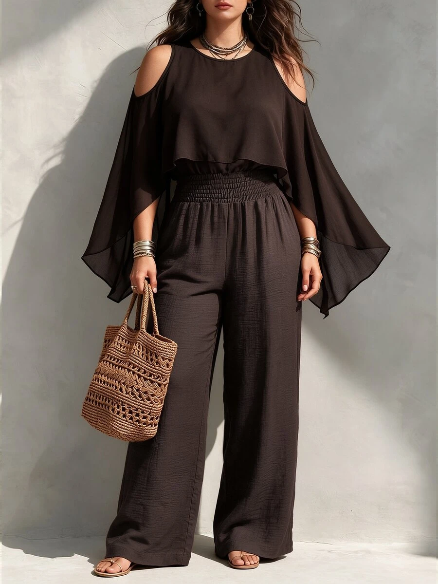 Linhara CURVE Women's Plus Size Autumn Cold Shoulder Chiffon Patchwork Top With Flutter Sleeves And Cable-Knit Elastic Waist Wide Leg Pants, Loose Drapey Mature Style Party & Commute Set - Coffee Brown - View 1