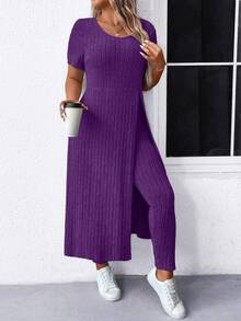 SHEIN LUNE Plus Size Ribbed Side Slit Short Sleeve Top And Pants 2 Pieces Set - Purple - View 5