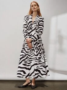 Aveloria Modichic Women's Dress Wide Shoulder Cinched Waist A-Line Deep V-Neck Long Sleeve Ruched Elegant White And Black Zebra Print Long Party Brunch Dinner Day Fall - Multicolor - View 5