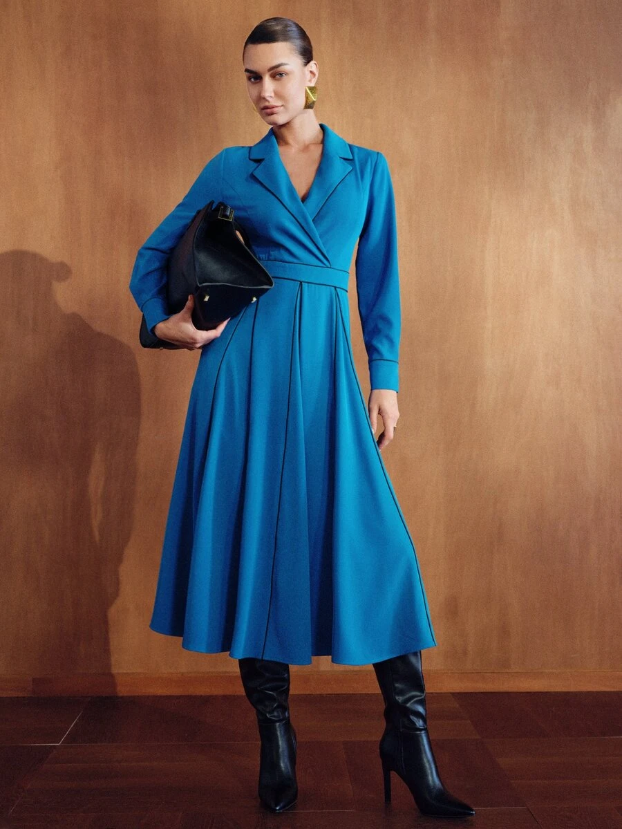 MOTF PREMIUM WOMEN'S BLUE COMMUTER SPLIT DESIGN SPROUT TRIM ELEGANT MID-LENGTH DRESS - Blue - View 1