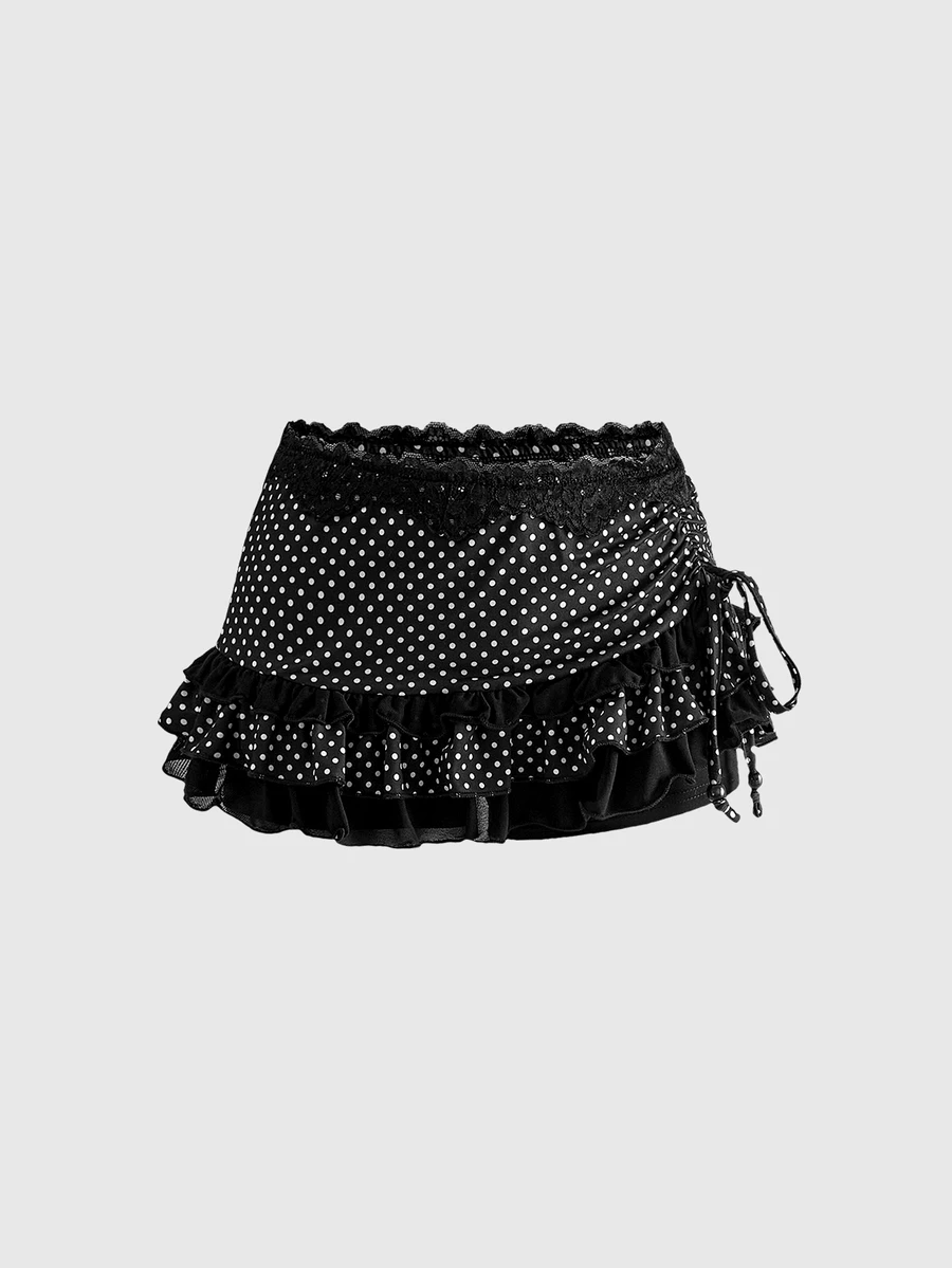 ROMWE Avant 女款復古學院風印花蕾絲拼接不對稱迷你裙 - 黑與白 - 查看 1