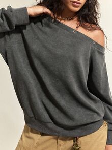 SHEIN Women's Washed Distressed Dark Gray Rivet Buckle Sweatshirt, American Lazy Loose Drop Shoulder Long Sleeve Asymmetrical Shoulder Top, Niche Casual Outing Top, Autumn Outfit - Black - View 5
