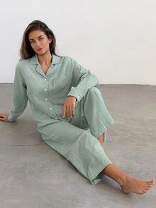 Livesso Women's Striped Pocket Button-Up Top And Pants Pajama Set - Green - View 4