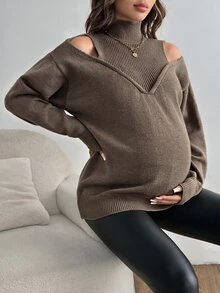 SHEIN Maternity Solid Color Cutout Shoulder Long Sleeve Casual Sweater, Autumn & Winter - Khaki - View 1