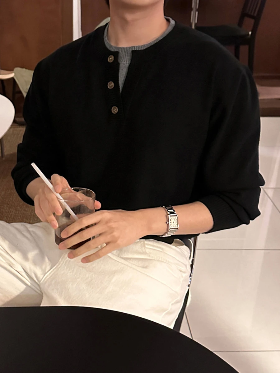 DAZY Spring/Autumn Black Decorative Button 2 In 1 Korean Style Casual Men's Sweater - Black - View 1