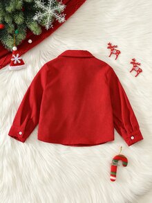 SHEIN 嬰兒男孩嬰兒女孩秋冬款加厚休閒翻領長袖馬刺繡燈芯絨襯衫，適合聖誕節與新年 - 紅色 - 查看 2