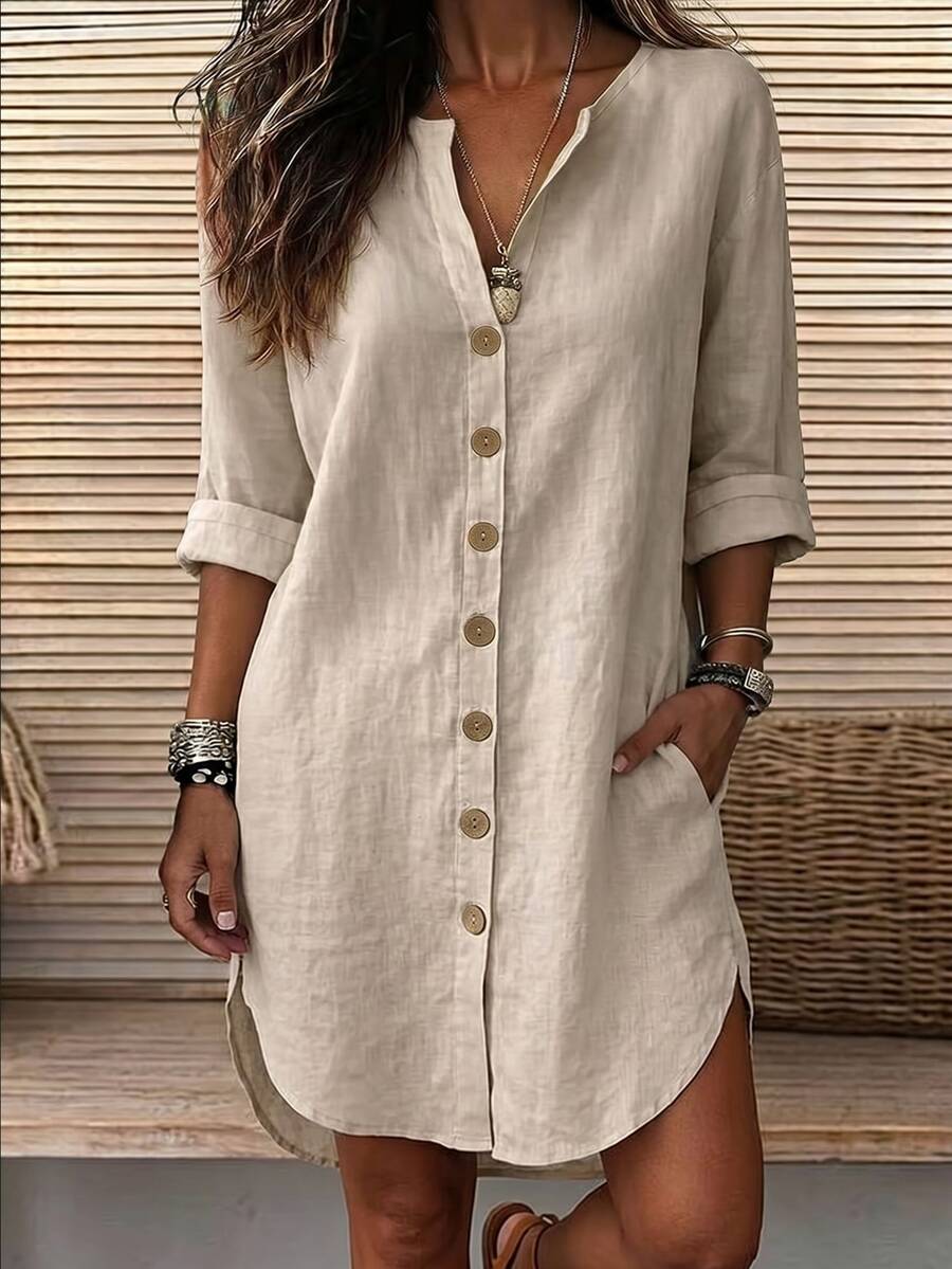 Elenzga Textured Placket Button Long Sleeve V-Neck Slit Long Loose Dress - Apricot - View 1