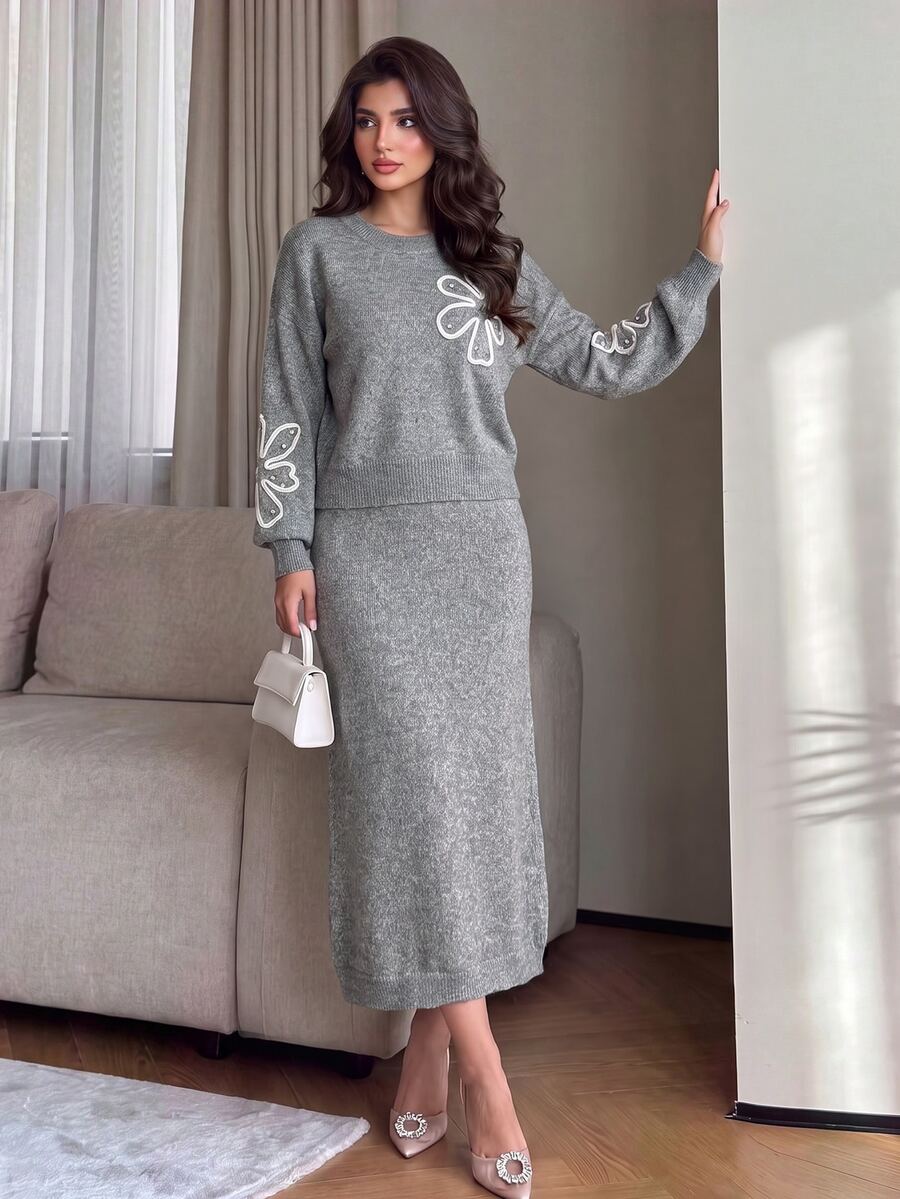 Modelyn Women's Elegant 2 Pieces Set With Applique Faux Pearl Decor Drop Shoulder Long Sleeve Sweater And Knitted Skirt - Grey - View 1