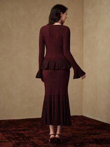 Anewsta Women's Autumn/Winter V-Neck Rhinestone Button Colorblock Ruffle Knit Sweater & Mermaid Skirt 2 Pieces Set - Red Violet - View 7