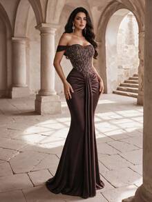 Coutiva Women's Patchwork Sequin Off-Shoulder Mermaid Hemline Glamorous Formal Evening Gown - Brown - View 4