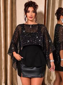 Cravure Plus Size Women's Patchwork Sequin Asymmetric Design Fashion Blouse - Black - View 5