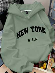 Linhara CURVE 大尺碼女款「NEW YORK U.S.A」字母圖案印花保暖抽繩運動衫，深灰色，秋冬休閒畢業日套頭衫 - 橄欖綠 - 查看 3