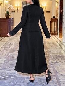 Feyla Women's Elegant Black Textured Fabric Rhinestone Button Decorated Slim Fit Jacket And Umbrella Skirt 2 Pieces Set - Black - View 2