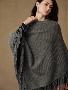 Anewsta French Lazy Ribbed Knit Cape, Tassel Edge Batwing Sleeve Loose Slimming Autumn/Winter Shawl Outerwear - Grey - View 4