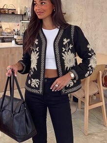 Brillora Women's Floral Pattern Casual Daily Wear Long Sleeve Jacket,Daily Commute,Autumn,Boho Vintage,70s Retro,Winter Jacket,Western Chic - Black - View 1