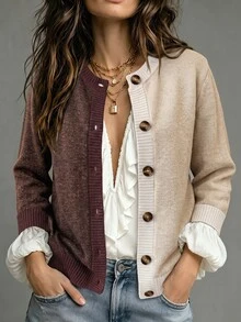 NostaNoir New Women's Fashion Casual Versatile Round Neck Contrast Color Long Sleeve Cardigan - Multicolor - View 4