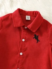 SHEIN 嬰兒男孩嬰兒女孩秋冬款加厚休閒翻領長袖馬刺繡燈芯絨襯衫，適合聖誕節與新年 - 紅色 - 查看 4