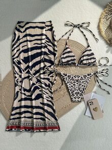 SHEIN SunnyBelle Women's Summer Beach Vacations Sexy And Elegant Leopard Print Beaded Bikini Set With Beach Skirt ,Bohemian Three Pieces Swimsuit Set - Multicolor - View 2