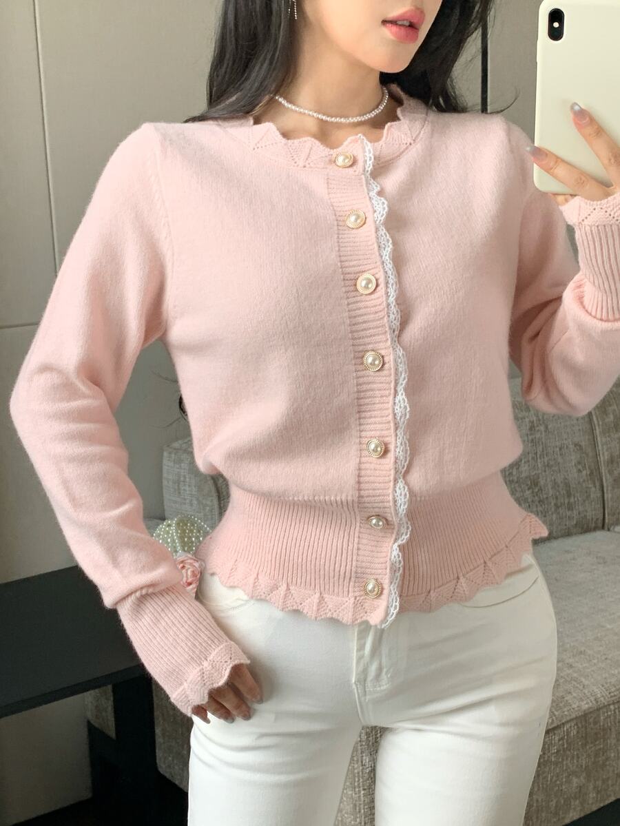 Modelyn Women's Contrast Lace Single-Breasted Long Sleeve Knit Cardigan - Pink - View 1