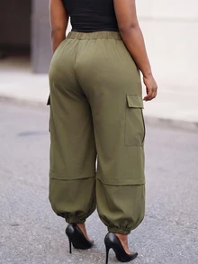Slaydiva Plus Size Convertible Cargo Parachute Pants, Detachable Leg MultiPocket Baggy Streetwear Trousers - Army Green - View 7