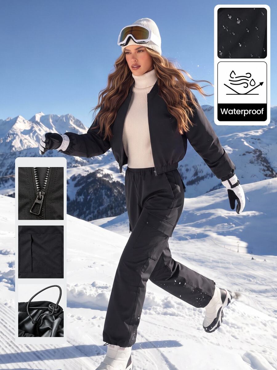 SHEIN BASICS Conjunto de chaqueta y pantalones de manga larga de unicolor para mujer, estilo casual deportivo para exteriores - Negro - Ver 1