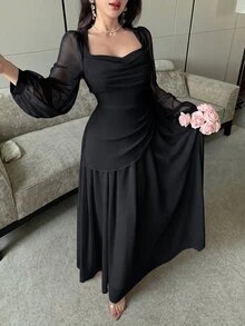 Modelyn 披肩領泡泡長袖收腰不對稱百褶雪紡大裙擺洋裝，婚禮新娘單身派對適用，淡粉色，秋季浪漫優雅 - 黑色 - 查看 9