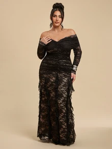 SHEIN BAE CURVE Plus Size Women's Lace Ruffle Long Sleeve Pleated Patchwork Ruffle Elegant Dress,Sophisticated Women's Black Lace Ruffle Long Dress With Stateme - Black - View 6